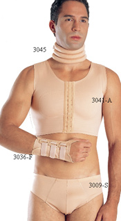 3045 : Neck Support 3041-A : Male Mini Vest, Front Closure, Reinforced Breast Area 3036-F : Wrist Brace with Splints 3009-S : Male Briefs, Front Support in Lycra       3045 : Soporte de Cuello 3041-A : Mini Chaleco Para Hombre, Cierre Delantero, Resfuerzo en la area del pecho 3036-F : Faja Mu�eca con tablillas 3009-S : Ropa Interior Para Hombre Con Soporte en Lycra